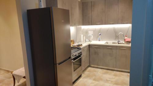 a kitchen with a stainless steel refrigerator and a sink at City Center Apartment in Ioannina