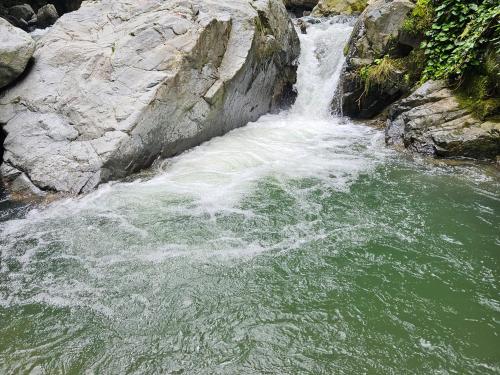 een waterval in een rivier met groen water bij Guest house lagodekhi in Lagodekhi