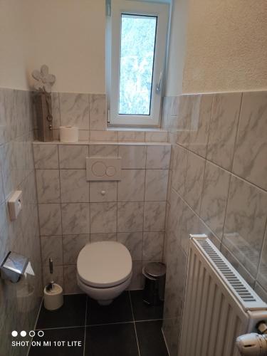 a bathroom with a toilet and a window at groassehof Haus Gstrein in Imsterberg