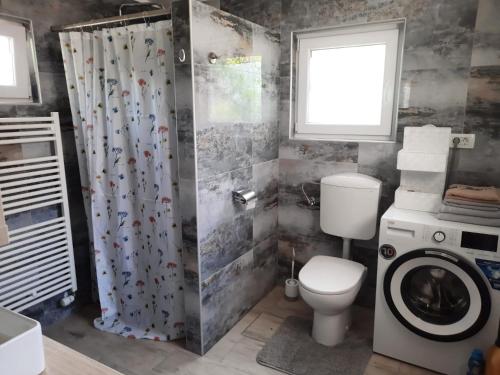 uma casa de banho com um WC e uma máquina de lavar roupa em Studio Primani em Sečovlje