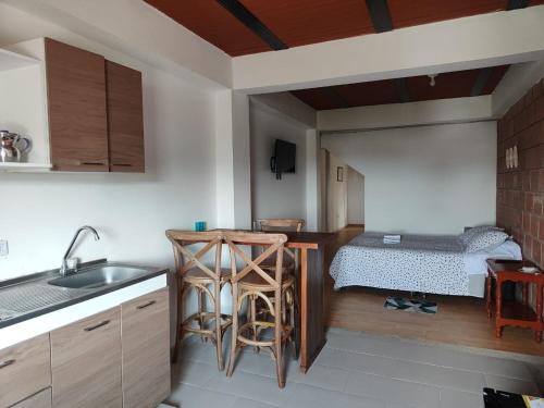 a kitchen with a sink and a bed in a room at Cómodo estudio en la vía a termales in Santa Rosa de Cabal