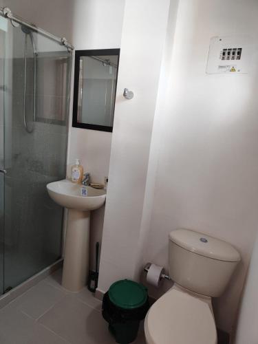a bathroom with a toilet and a sink and a shower at Cómodo estudio en la vía a termales in Santa Rosa de Cabal