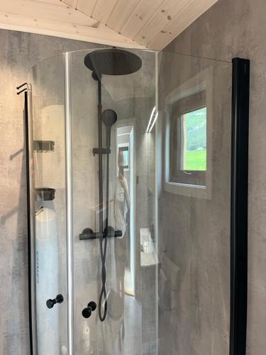 a shower stall in a bathroom with a window at Kavliskogen panorama in Isfjorden