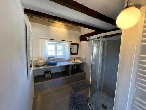 uma casa de banho com 2 lavatórios e um chuveiro em La Vigne, fully modernised farmhouse dated 1882 