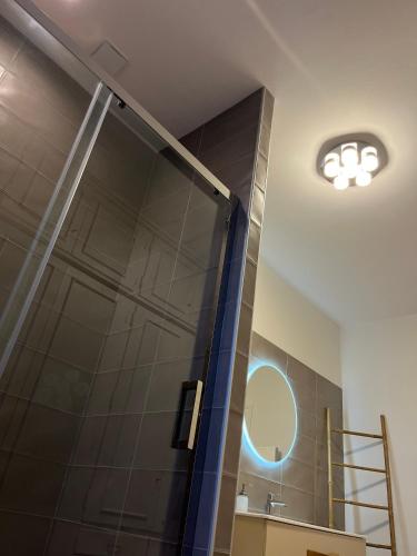 a bathroom with a shower with a glass door at Richard Lequet Domaine gastronomique du Val d Atur in Boulazac
