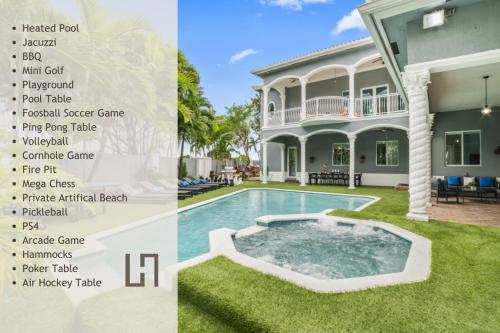une maison avec une piscine et une liste des équipements dans l'établissement 7BD Paradise with Amazing pool Jacuzzi Games L32, à Tamiami