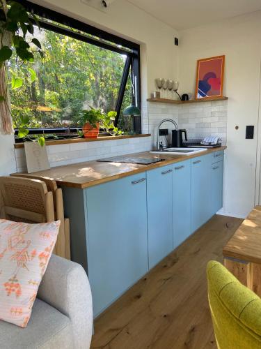 a kitchen with blue cabinets and a large window at Cozy Cabins I Tiny House Seecontainer in Hahnenklee-Bockswiese