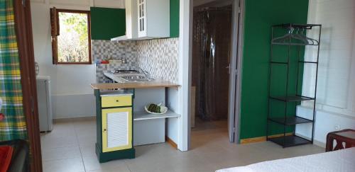 a kitchen with a sink and a green wall at Bungalow Ti Bois in Belle Languette