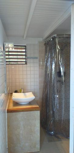 W łazience znajduje się umywalka i prysznic. w obiekcie Bungalow Ti Bois w mieście Belle Languette