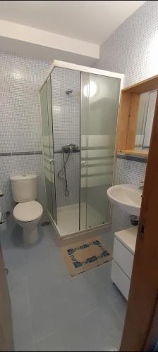 a bathroom with a shower and a toilet and a sink at El Acebu in Colombres