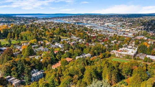 an aerial view of a town with trees at Darth Vader's Death Star Suite in Seattle