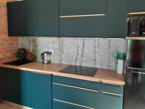 a kitchen with blue cabinets and a counter top at Przystanek Las in Gąsawa