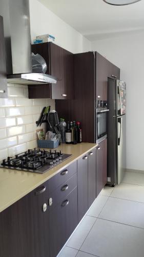 eine Küche mit braunen Schränken und einem schwarzen Kühlschrank in der Unterkunft Green Park in H̱adera
