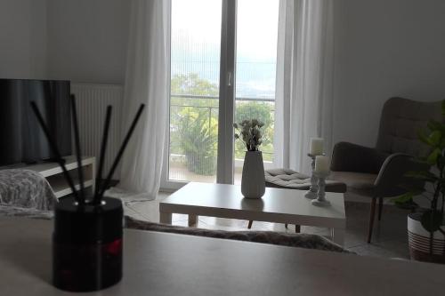 a living room with a vase of flowers on a coffee table at Διαμέρισμα ιδανικό για εξορμήσεις in Eleoúsa