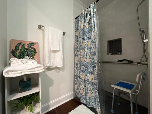 a bathroom with a shower with a shower curtain at 1BR Fully Handicap Accessible Near Downtown in Greenville