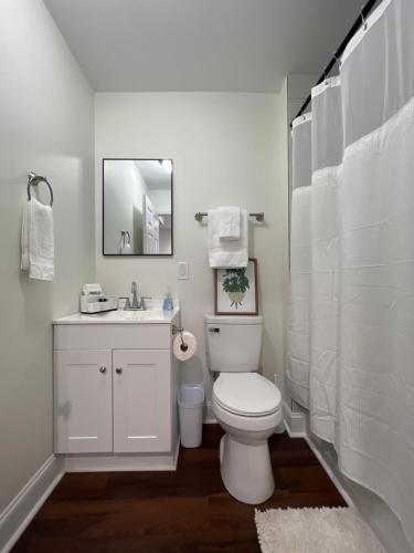 a white bathroom with a toilet and a sink at 1BR Near Downtown & Mountain Goat Coffee in Greenville