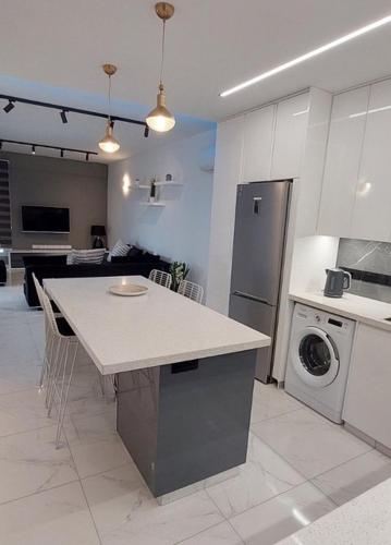 a kitchen with a counter and a refrigerator and a dishwasher at Smart Living-2Bed Pallouriotissa, Nicosia in Nicosia