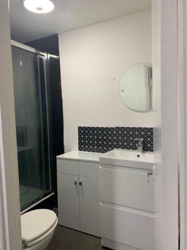 ein Badezimmer mit einem WC, einem Waschbecken und einem Spiegel in der Unterkunft Sam’s House in Purley