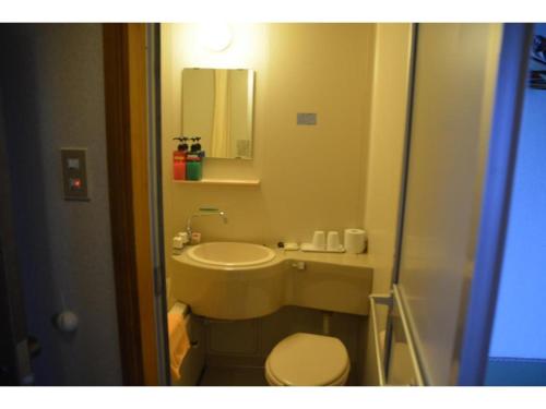 a bathroom with a sink and a toilet and a mirror at Hotel Montblanc Hakuba - Vacation STAY 49692v in Hakuba