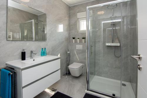 uma casa de banho com um chuveiro, um lavatório e um WC. em Apartment Cosic em Vir