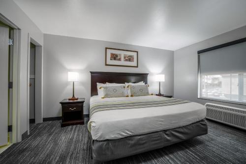 a hotel room with a large bed and two lamps at Country Inn & Suites by Radisson, Ontario at Ontario Mills, CA in Ontario