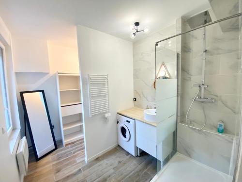 une salle de bain avec douche et lavabo et une machine à laver dans l'établissement Mohd'or 2 - Calais, à Calais