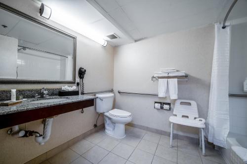 a bathroom with a toilet and a sink and a mirror at Country Inn & Suites by Radisson, Ontario at Ontario Mills, CA in Ontario