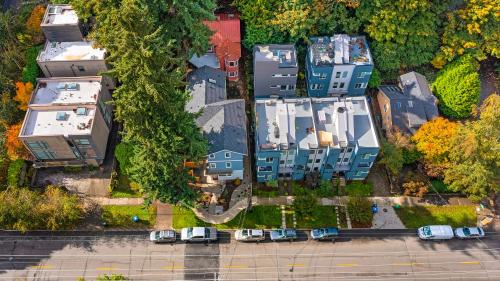 an overhead view of a building with cars parked in a parking lot at Yoda's Swamp Suite in Seattle