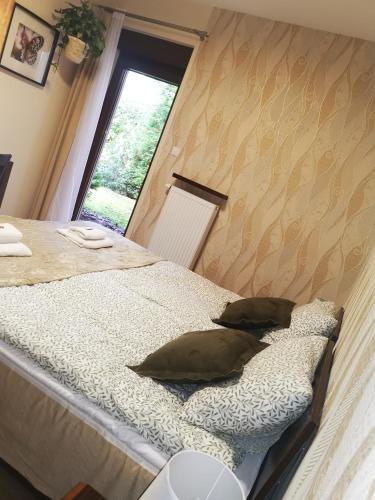 a bedroom with a bed with two pillows on it at Apartament Willa Port "Kaczorek" in Ostróda