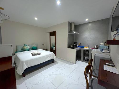 a bedroom with a bed and a small kitchen at Boca Simon Vacation Curacao in Willemstad