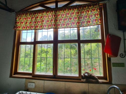 una ventana en una cocina con vistas a los árboles en Casa de campo amplia y tranquila en Juayúa