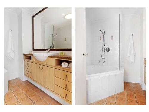 two images of a bathroom with a sink and a tub at Villa 51 - The Sands Resort in Yamba