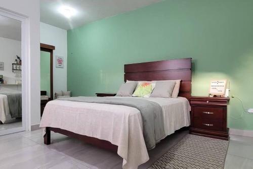 1 dormitorio con 1 cama grande y cabecero de madera en Estudio Biznaga en San José del Cabo