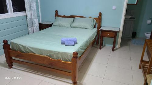 een slaapkamer met een bed met een handdoek erop bij Valley View in Roseau