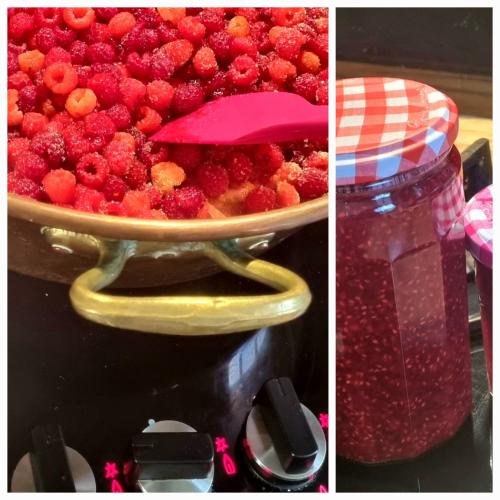 two pictures of a plate of berries and a blender at Les Glycines de Monchy- Chambres d'hôtes in Monchy-Humières
