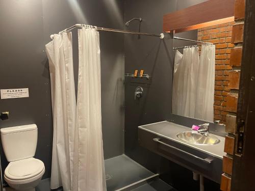 a bathroom with a toilet and a sink and a shower at Onkel Inn Wagon Sleepbox Uyuni in Uyuni