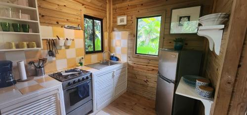 a small kitchen with a stove and a refrigerator at Boutique Hotel y Spa Tangara Azul in Ojochal