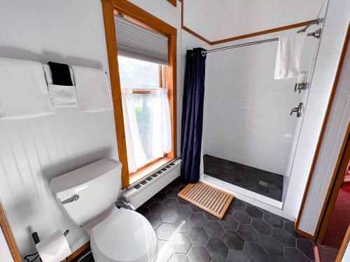 ein Bad mit einem WC und einer Dusche mit einem Fenster in der Unterkunft Endion Inn in Duluth