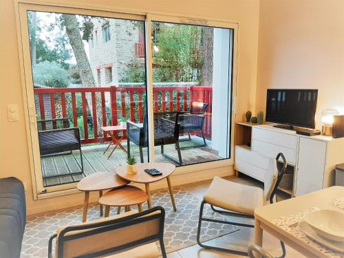 un salon avec une grande fenêtre et une télévision dans l'établissement Appartement moderne 3* avec balcon, proche du lac et plage, parking privatif, Wi-Fi inclus - FR-1-239-862, à Soorts-Hossegor