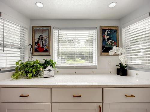 uma cozinha com armários brancos e duas janelas em Trout River Oasis em Jacksonville