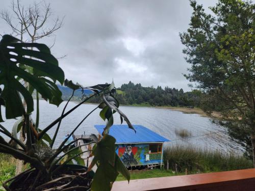 a house with a blue roof next to a lake at cabañas Arcoíris del lago Nº 2 in Pasto