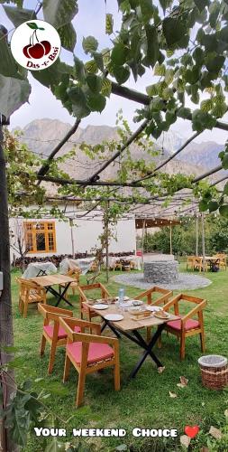 a group of picnic tables in the grass at Das-e-Basi in Gilgit