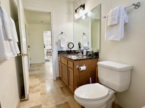 a bathroom with a toilet and a sink and a mirror at Yosemite Adventure by Casa Oso in Oakhurst