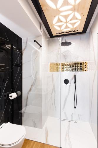 a bathroom with a shower and a toilet at Góralski Resort Family & SPA in Białka Tatrzanska