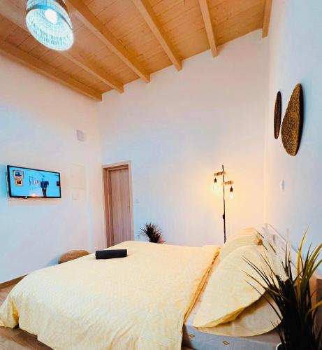 a bedroom with a bed with a tv on the wall at Abuelo Apartment in Artemida