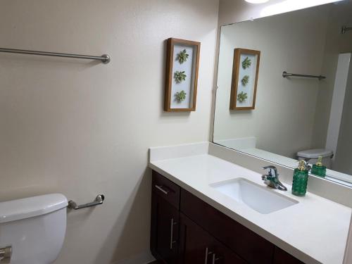 a bathroom with a sink and a toilet and a mirror at Lovely and cozy apartment- Rancho in Rancho Palos Verdes
