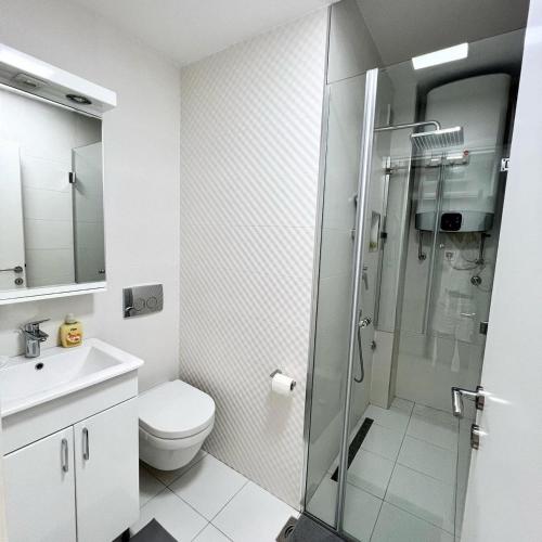 a bathroom with a shower and a toilet and a sink at BeoCity 011 in Novi Beograd