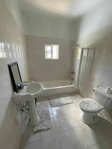 a white bathroom with a sink and a toilet at The Retreat in Lyssons