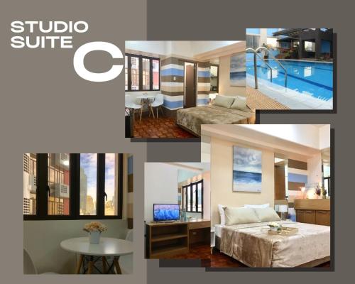 a collage of photos of a bedroom and a living room at Studio Suite beside Greenbelt Mall Makati City in Manila