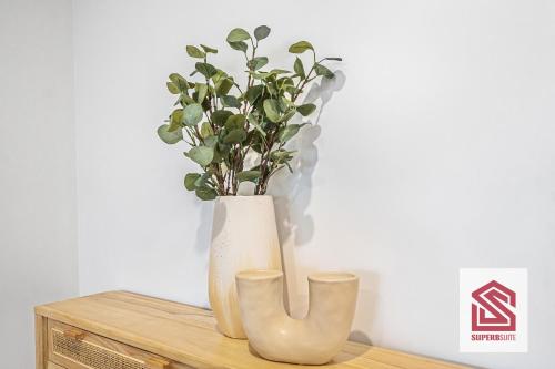 two vases sitting on a shelf with a plant in them at Bunbury Beach Splendor Modern Coastal Home in Bunbury